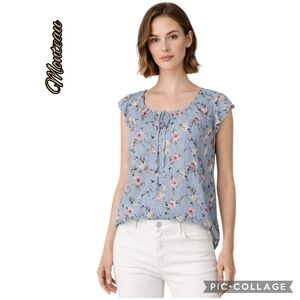 Monteau blouse sleeveless vertical strip floral tie ruffled sleeves sz 2x